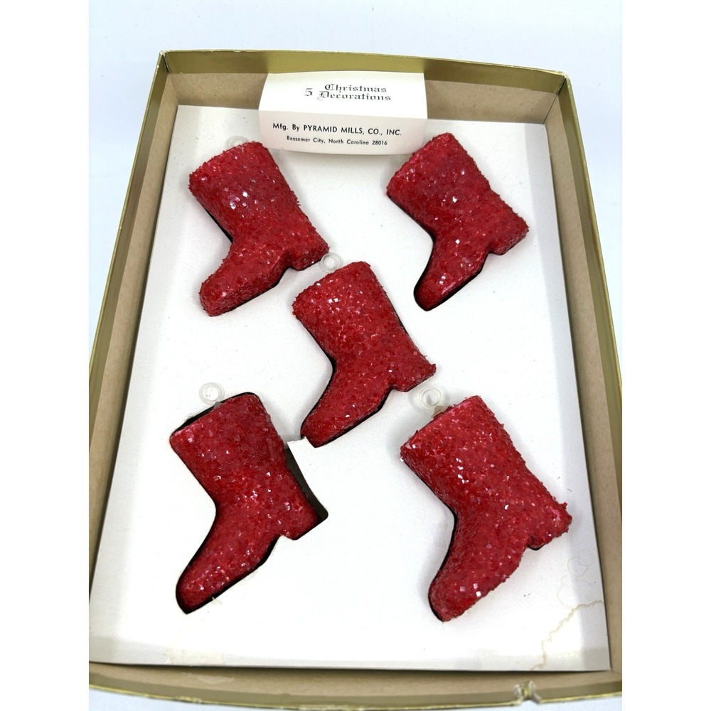 Vintage Satin Sheen Red Glitter Boot Flocked Christmas Ornaments Decorations